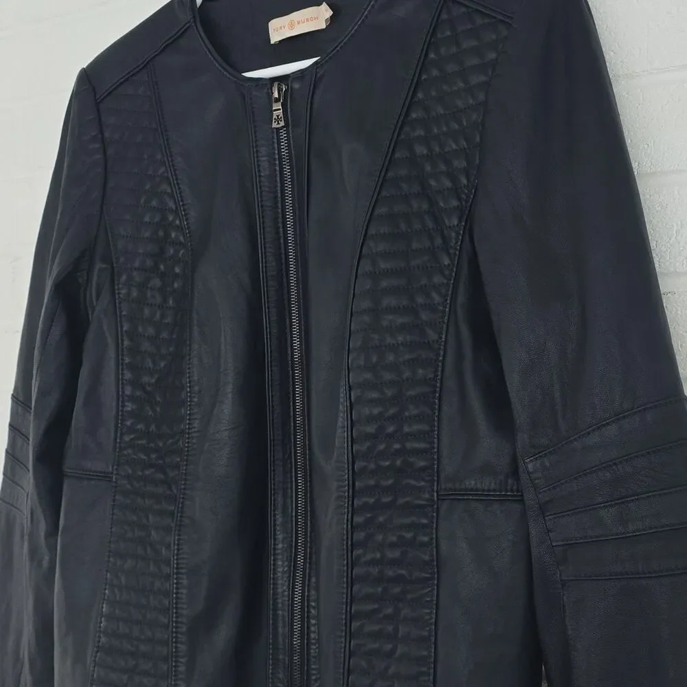 Tory Burch Leather Biker Jacket Cropped Navy Size 14
